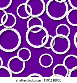 Abstract seamless pattern of randomly arranged white rings with soft shadows on purple background