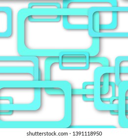 Abstract seamless pattern of randomly arranged light blue rectangle frames with soft shadows on white background