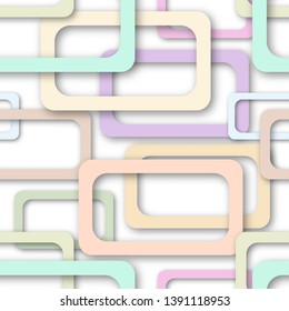Abstract seamless pattern of randomly arranged colored rectangle frames with soft shadows on white background