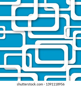 Abstract seamless pattern of randomly arranged white rectangle frames with soft shadows on light blue background