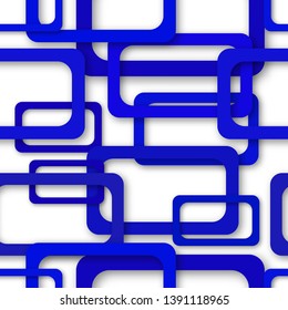 Abstract seamless pattern of randomly arranged blue rectangle frames with soft shadows on white background
