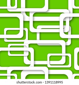 Abstract seamless pattern of randomly arranged white rectangle frames with soft shadows on green background