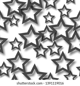 Abstract seamless pattern of randomly arranged black stars with soft shadows on white background