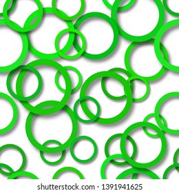 Abstract seamless pattern of randomly arranged green rings with soft shadows on white background