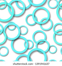 Abstract seamless pattern of randomly arranged light blue rings with soft shadows on white background