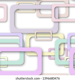 Abstract seamless pattern of randomly arranged colored rectangle frames with soft shadows on white background
