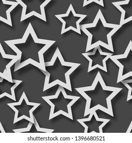 Abstract seamless pattern of randomly arranged white stars with soft shadows on black background
