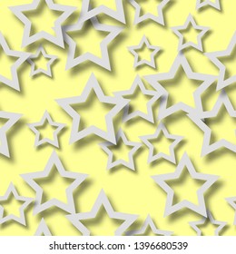 Abstract seamless pattern of randomly arranged white stars with soft shadows on yellow background