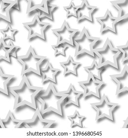 Abstract seamless pattern of randomly arranged gray stars with soft shadows on white background