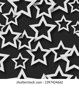 Abstract seamless pattern of randomly arranged white stars with soft shadows on black background