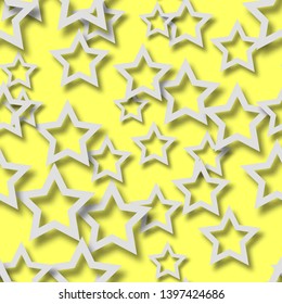 Abstract seamless pattern of randomly arranged white stars with soft shadows on yellow background