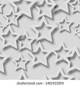 Abstract seamless pattern of randomly arranged white stars with soft shadows on gray background