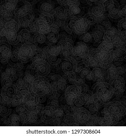 Abstract seamless pattern of randomly distributed translucent spirals in black and gray colors