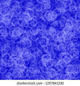 Abstract seamless pattern of randomly distributed translucent spirals in blue colors