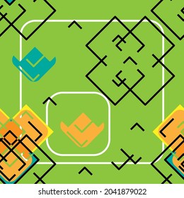 Abstract seamless pattern with randomly spaced lines and shapes. The colors are green and yellow. Vector illustration