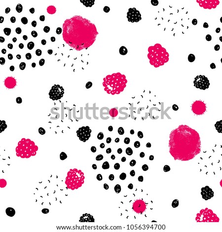 Abstract seamless pattern with raspberries and dots. Vector illustration pink and black colors on white background.