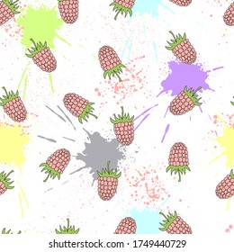 Abstract seamless pattern with raspberries on blots pastel colors and spray.