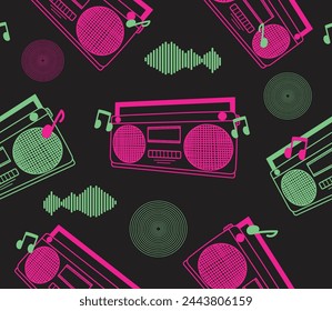 Abstract seamless pattern with record player,notes and geometric shapes. Music concept.Pink and green.Neon colors.