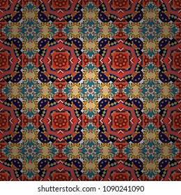 Abstract seamless pattern in red, blue and black colors. Ideal for printing on fabric or paper. Square scraps in oriental style. Vector illustration.