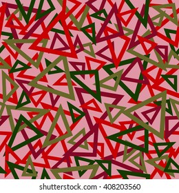 Abstract seamless pattern of red, burgundy and green overlapping triangles chaotic scattered on a light pink background.