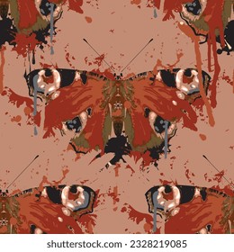 Abstract seamless pattern with red butterflies, paint spots and  feathers on a pink background. Creative vector background in grunge style. Suitable for Wallpaper, wrapping paper, fabric design