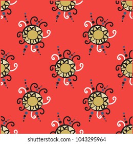Abstract seamless pattern with red circle elements. Ethnic summer texture, sun