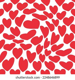 Abstract Seamless Pattern with Red Distorted Hearts on White Background. Vector Romantic Texture for Wedding and Valentine's Day. Groovy Love Illustration.