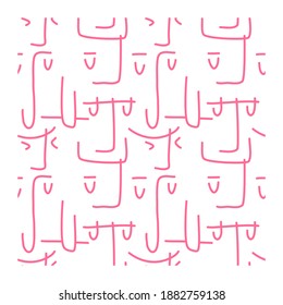 Abstract seamless pattern of red eyes, eyebrows, noses, lips and lines forming faces. Image for a poster or cover.	
