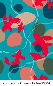 abstract seamless pattern with red fish. koi carp. seamless marine texture. stock vector illustration.