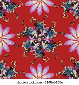 Abstract seamless pattern, red, gray, violet, black and blue colors with bright flowers. Elegant vector texture with floral elements. Cute floral pattern in the small flower.