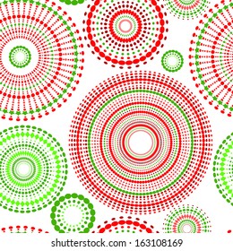 Abstract seamless pattern in red green and white with circle shapes, vector