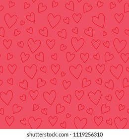Abstract seamless pattern with red hearts on pink background.Trendy hand drawn texture for paper, wallpaper, cover, fabric, Interior decor. Vector illustration