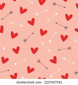 Abstract seamless pattern with red hearts and arrows on pink background. Hand drawn doodle style. Vector illustration