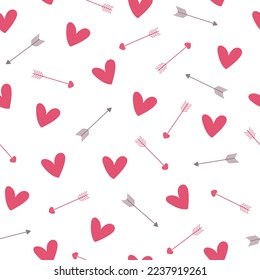 Abstract seamless pattern with red hearts and arrows on white background. Hand drawn doodle style. Vector illustration