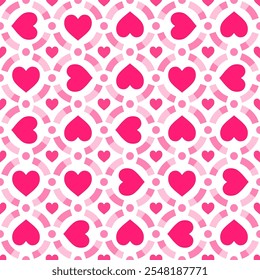 Abstract seamless pattern with red hearts on white background.