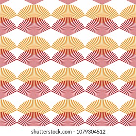 Abstract seamless pattern red and orange fan shape Japanese style. Circular geometric shape with the radial line isolated on white background. Vector illustration.