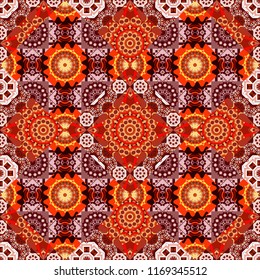Abstract seamless pattern in red, orange and pink colors. Vector illustration. Ideal for printing on fabric or paper. Square scraps in oriental style.