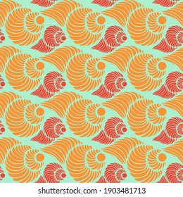 Abstract seamless pattern with red and orange spiral snail shells on pale green background.