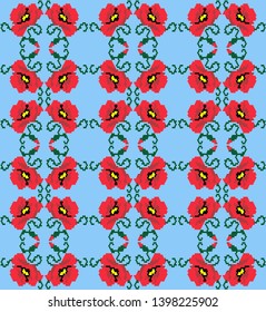 Abstract seamless pattern with red poppies - stylized flowers for fancywork, embroidery, knitting, beadwork, needlework