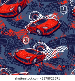 Abstract seamless pattern with red sport car, tire tracks background, chequered flag, speedometer, arrow sign. Automobile endless ornament for boy, sort textile, wrapping paper.