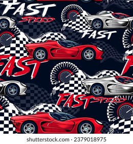 Abstract seamless pattern with red sport car,, chequered flag background, speedometer. Automobile endless ornament for boy, sort textile, wrapping paper.