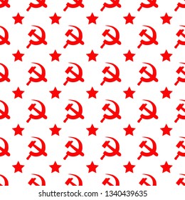 Abstract seamless pattern with red star, hammer and sickle