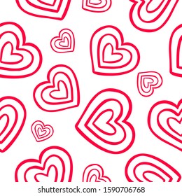 Abstract seamless pattern with red stylized hearts on white background.  Endless background. Minimal design for Valentine's day. Vector illustration