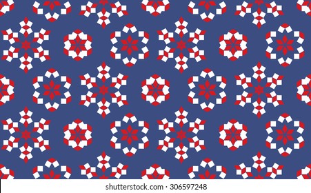 Abstract seamless pattern of red and white geometrical elements on blue background