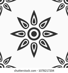 Abstract seamless pattern. Regularly repeating stylized sun or flower shapes. Fashion flat design. Geometric symmetric shapes. Vector background.