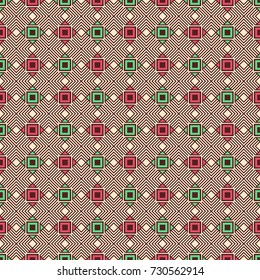 Abstract seamless pattern. Regularly repeating geometric ornament of squares and diagonal lines. Vector color background.