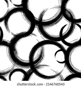 Abstract seamless pattern. Repeat brush strokes backdrop. Repeated black circle on white background. Grunge line texture. Repeating geometric round for design prints. Abstract bg. Vector illustration