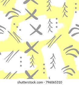 Abstract seamless pattern. Repeated brushstrokes and geometric shapes drawn by hand. Grunge, doodle, sketch, watercolour. Modern vector illustration.