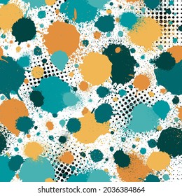 Abstract seamless pattern. Repeated different shapes background. Blots strokes texture. Repeating stained forms. Stains blobs shape. Round spots patern. Color spots design for sport prints. Vector