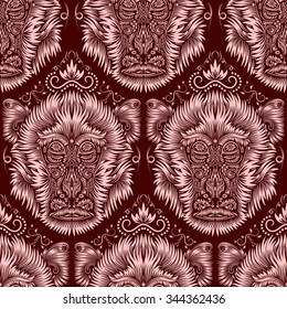 Abstract seamless pattern of repeating fiery monkey head. Background in antique style.